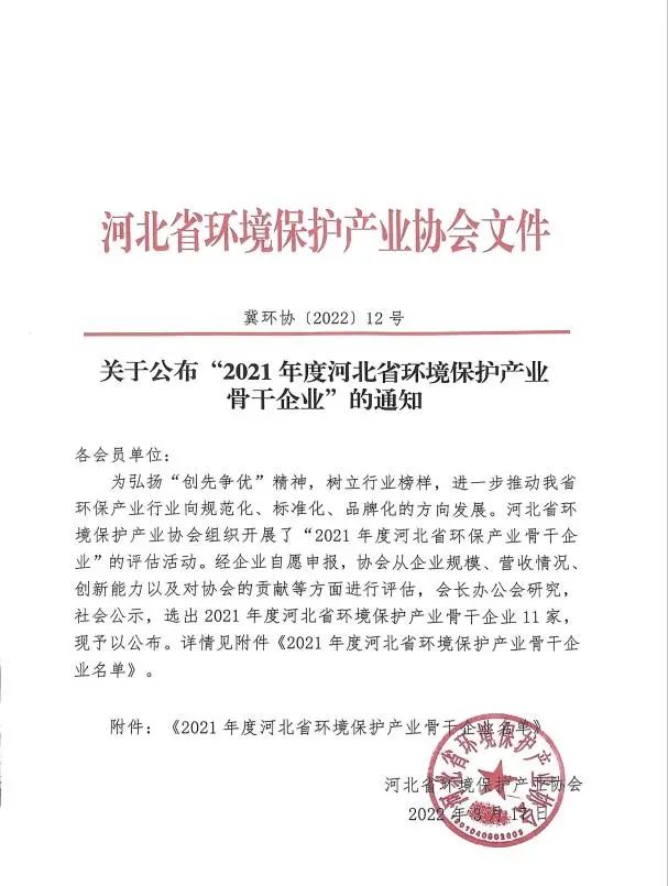 我公司被評為“2021年度河北省環境保護產業骨干企業”